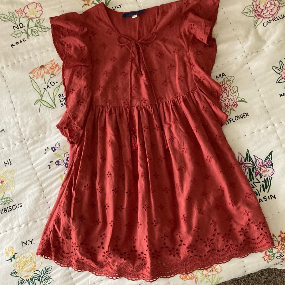 burnt orange eyelet mini dress